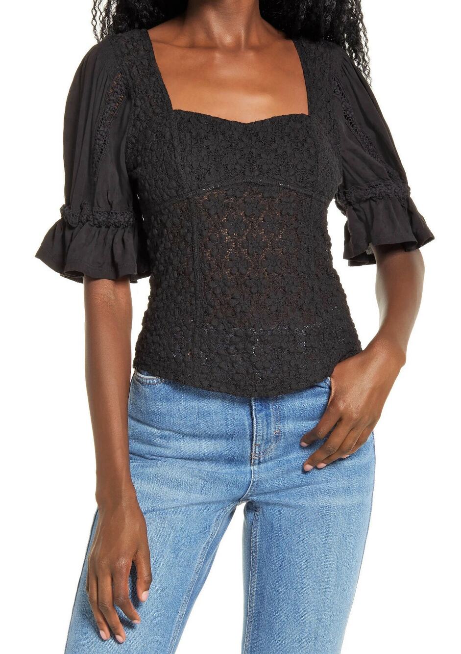 Free People Spring Fling Crochet Black Sweetheart Neck Puff Sleeve Top Size L